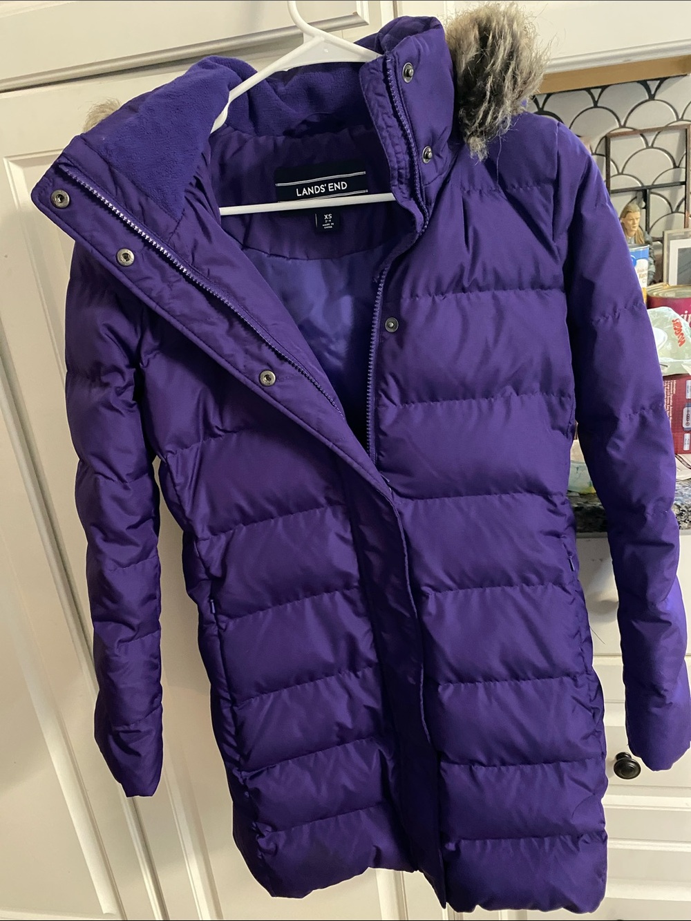 Lands' End Women's Purple Hooded Long Puffer Coat with Faux Fur Trim